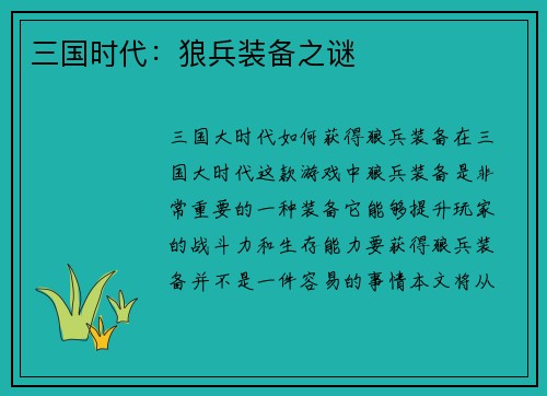三国时代：狼兵装备之谜